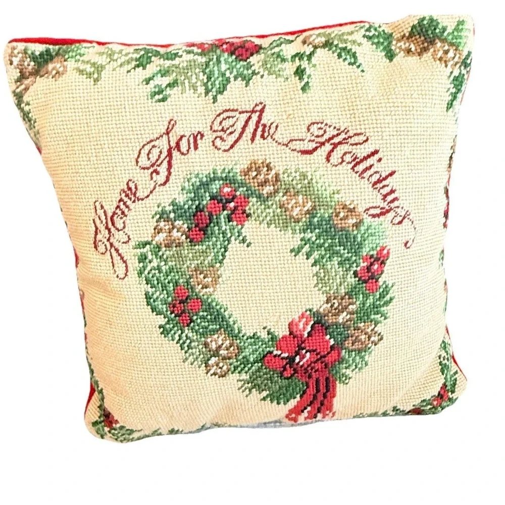 Vintage Handmade Needlepoint Christmas Pillow Home For The Holidays 13x13
